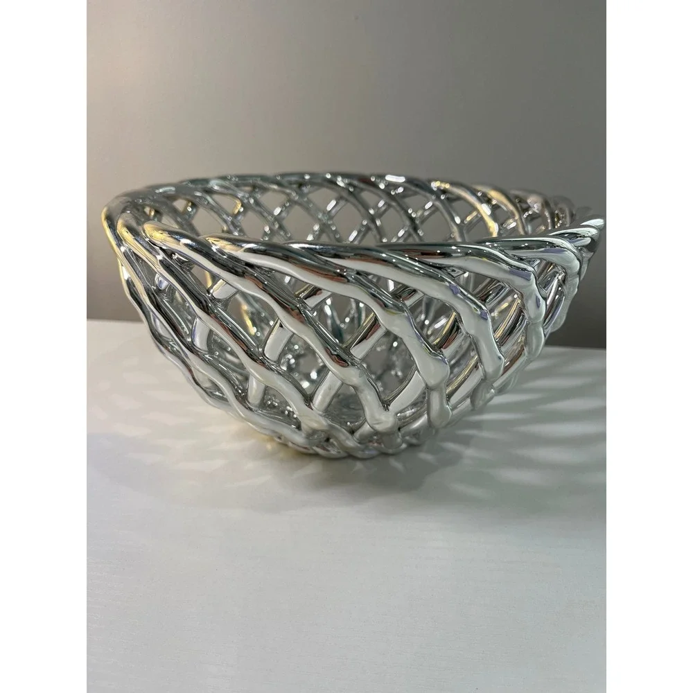 Silver tone Lattice Basket Decorative‎ Centerpiece Bowl 8.5 Inch Diameter